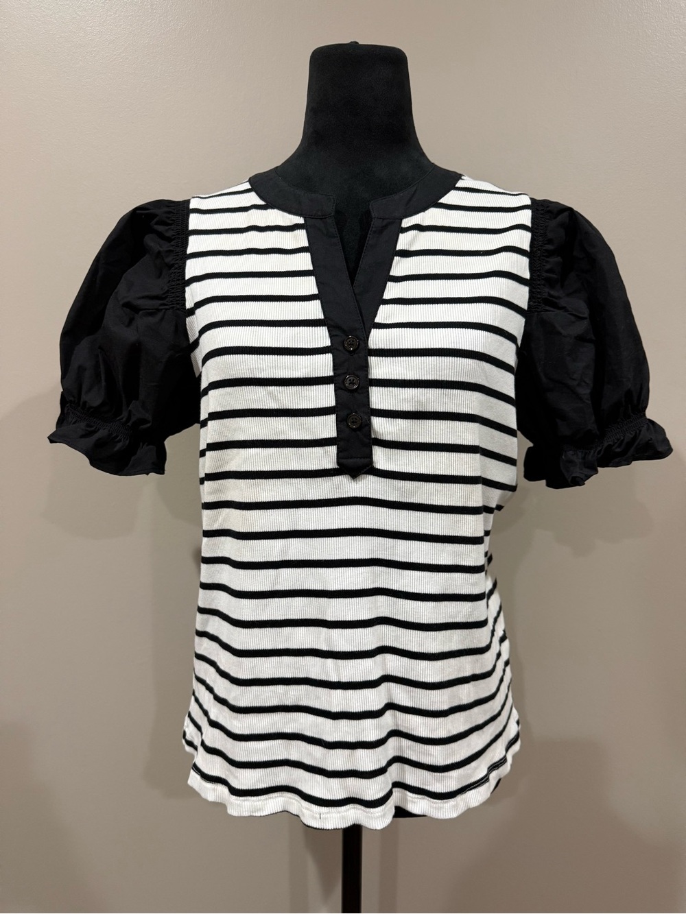 Bailey 44 Black & White Striped Puff-Sleeve Henley Top